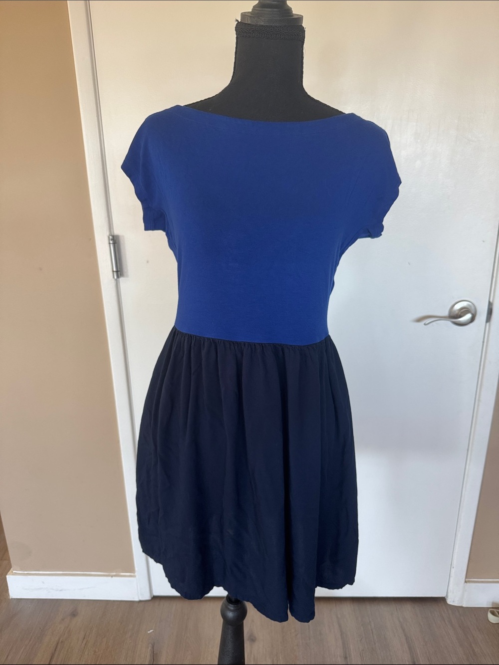 Classic Two-Tone Blue Fit-and-Flare Dress